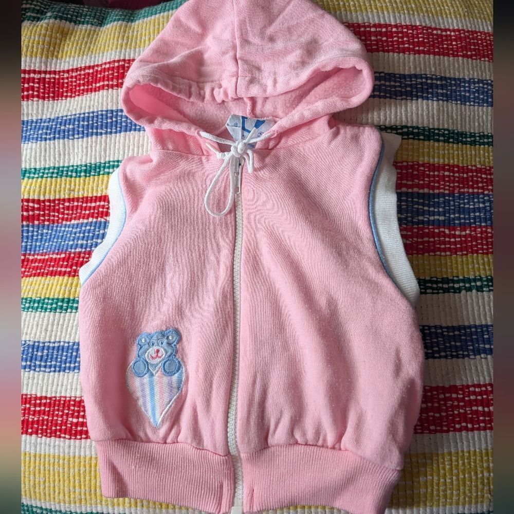 Vintage girls pink hooded sweatshirt zip up vest with teddy bear size 2T kawaii